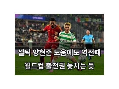 셀틱 양현준 도움에도 역전패 월드컵 출전권 놓치는 듯
